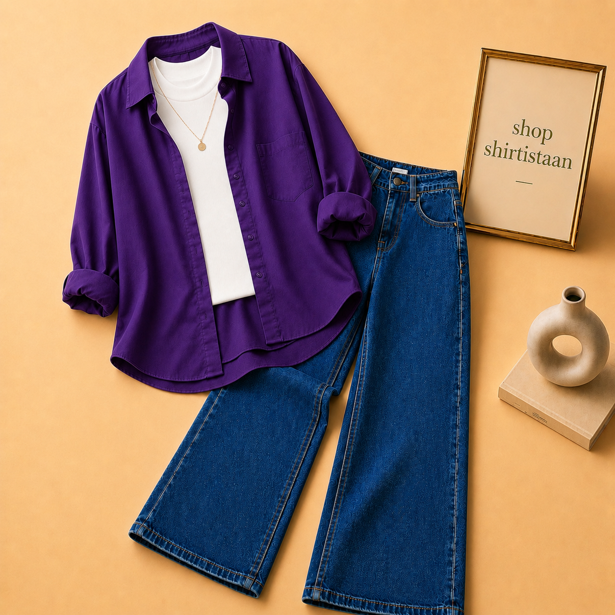 Purple Button Down Shirt with White Tank top and Mid Dark Blue Wide Leg Jeans
