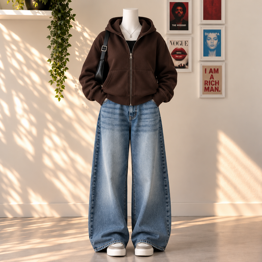 Brown Zipper with Mid Blue Vintage Jeans