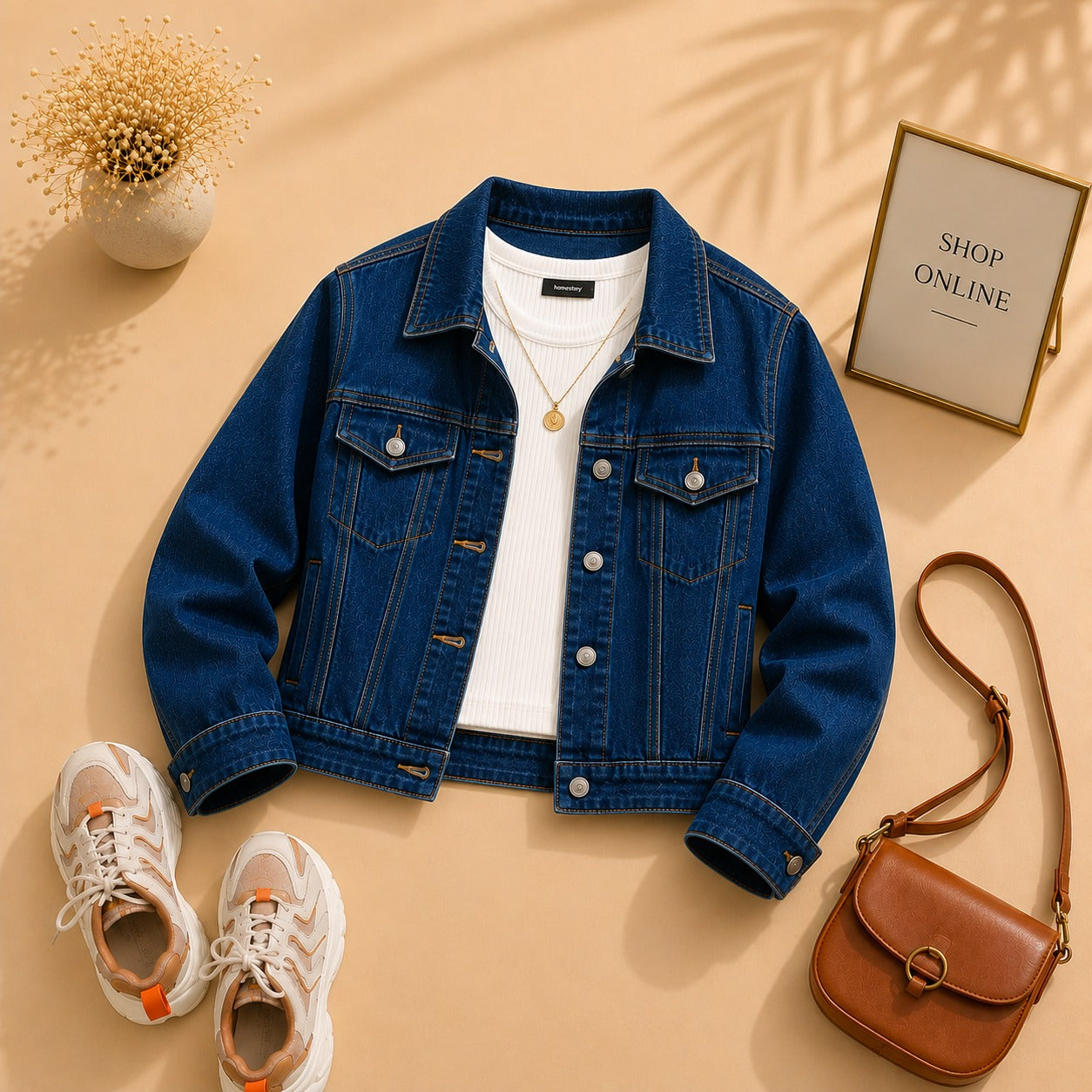 Dark Blue Denim Jacket with White Tanktop