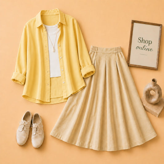 Yellow Button Down Shirt with White Tanktop & Beige Twill Skirt