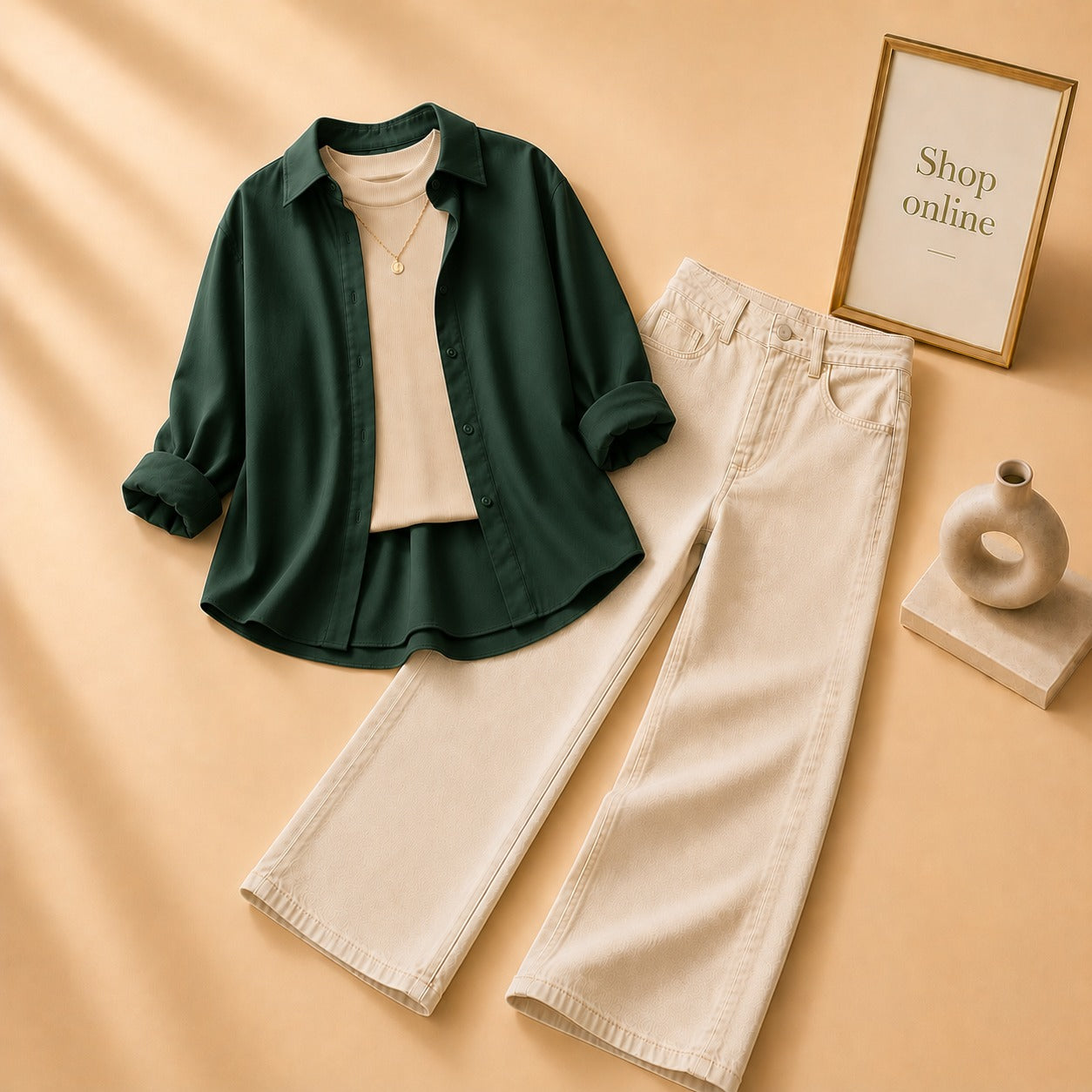 Bottle Green Button Down Shirt with Beige  Tank top and Beige Wide Leg Jeans