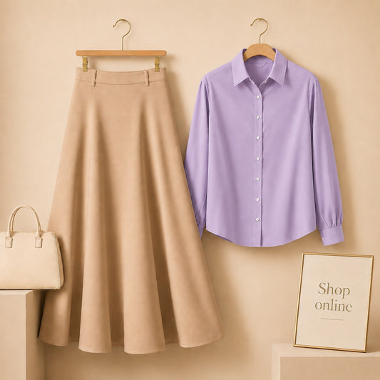 Lilac Button Down Shirt with Beige Cotton Twill Skirt
