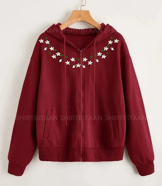 MAROON ZIPPER HOOD NECK FLOWER