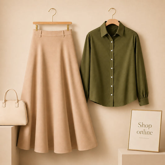 Oliver green Button Down Shirt with Beige Cotton Twill Skirt