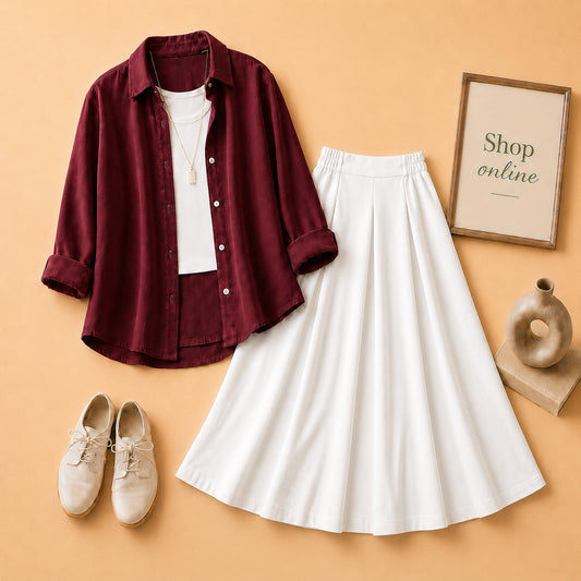 Maroon Button Down Shirt with White Tanktop & White Twill Skirt