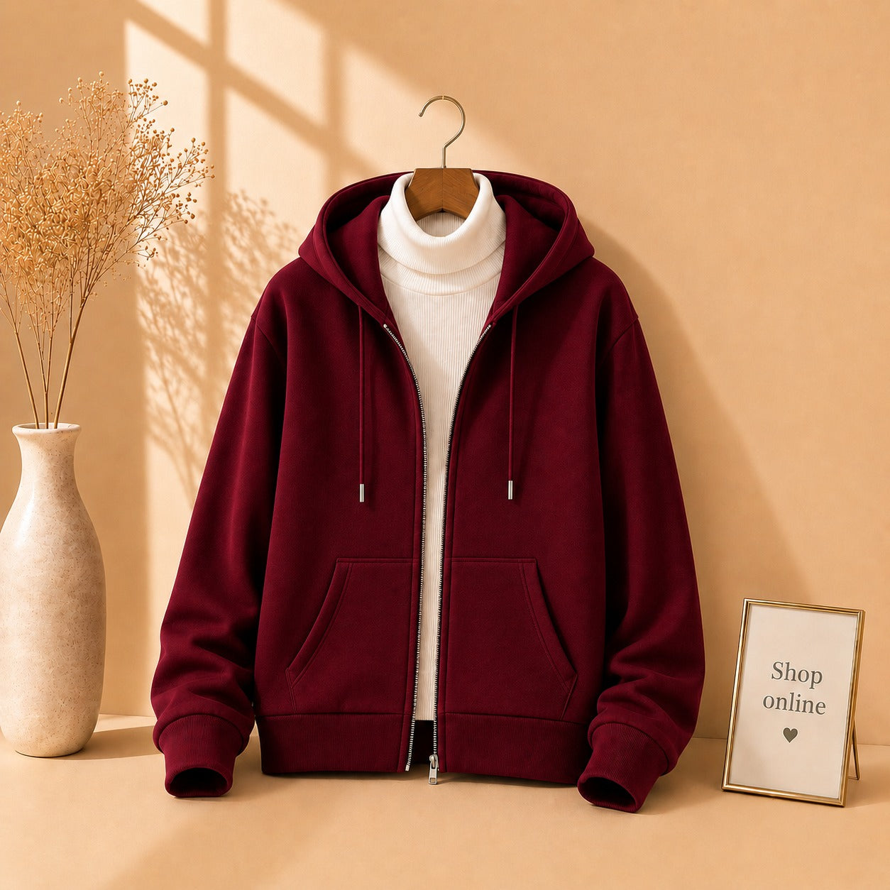 Basic Maroon Zipper with White Ribknit Highneck