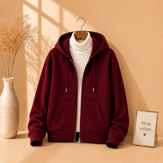 Basic Maroon Zipper with White Ribknit Highneck
