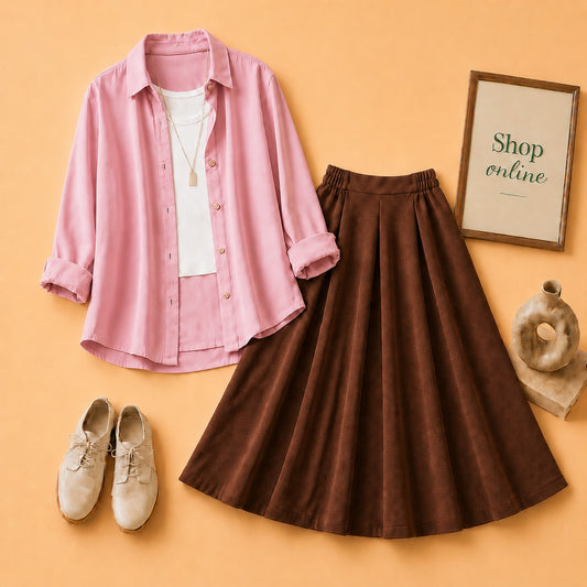 Pink Button Down Shirt with White Tanktop & Brown Twill Skirt