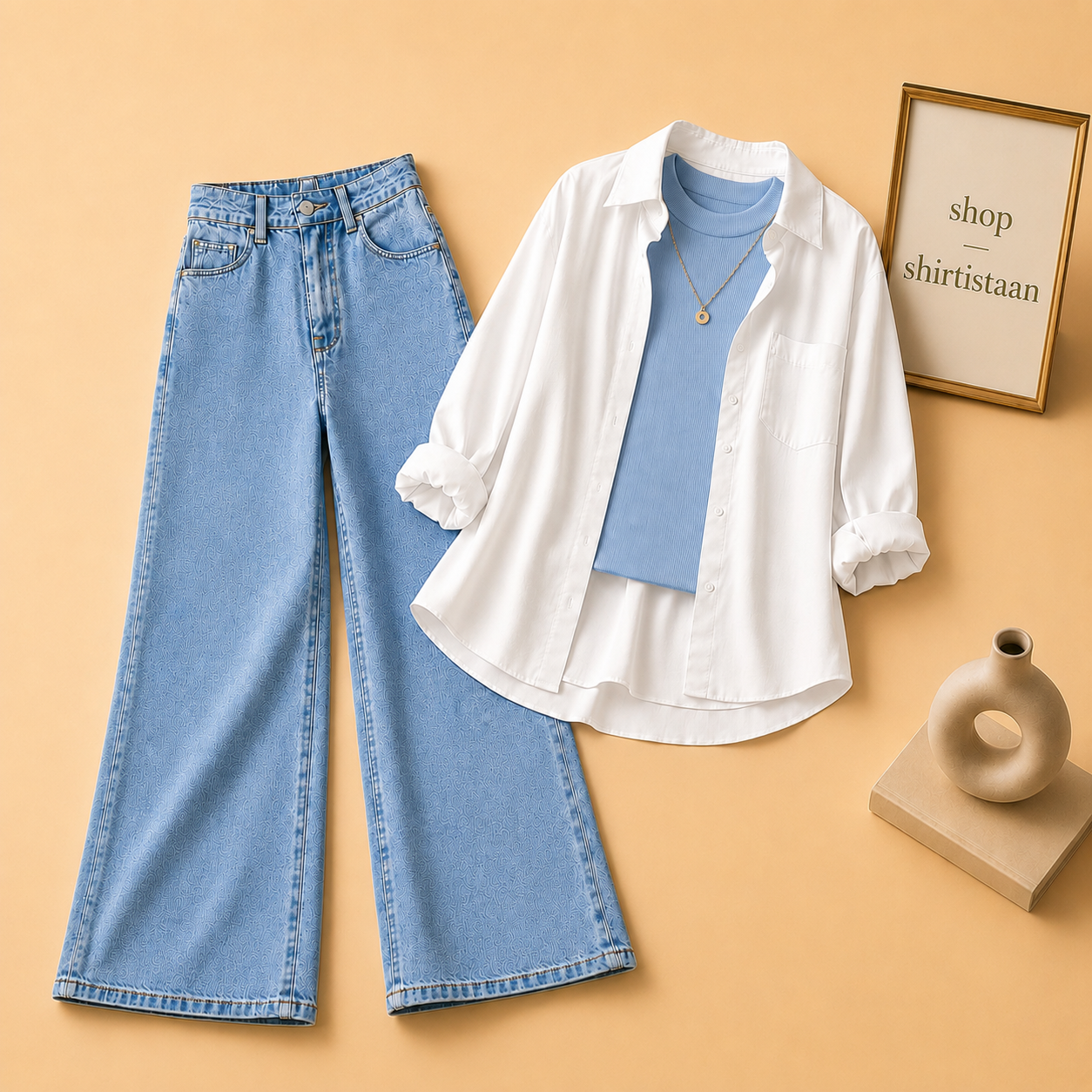 White Button Down Shirt with Sky Blue    Tank top and Sky Blue Wide Leg Jeans