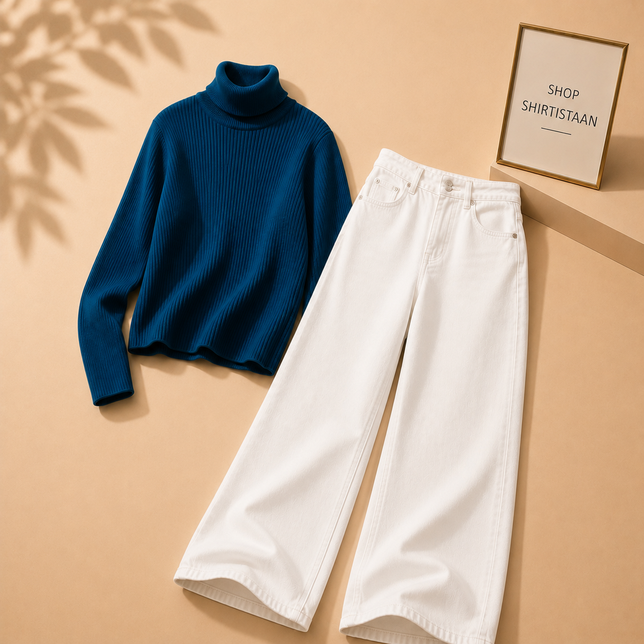 Petroleum Blue Ribknit High Neck with White Wide Leg Jeans
