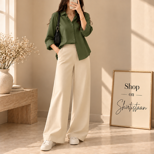 OLIVE GREEN BUTTON DOWN SHIRT WITH BEIGE FLAPPER