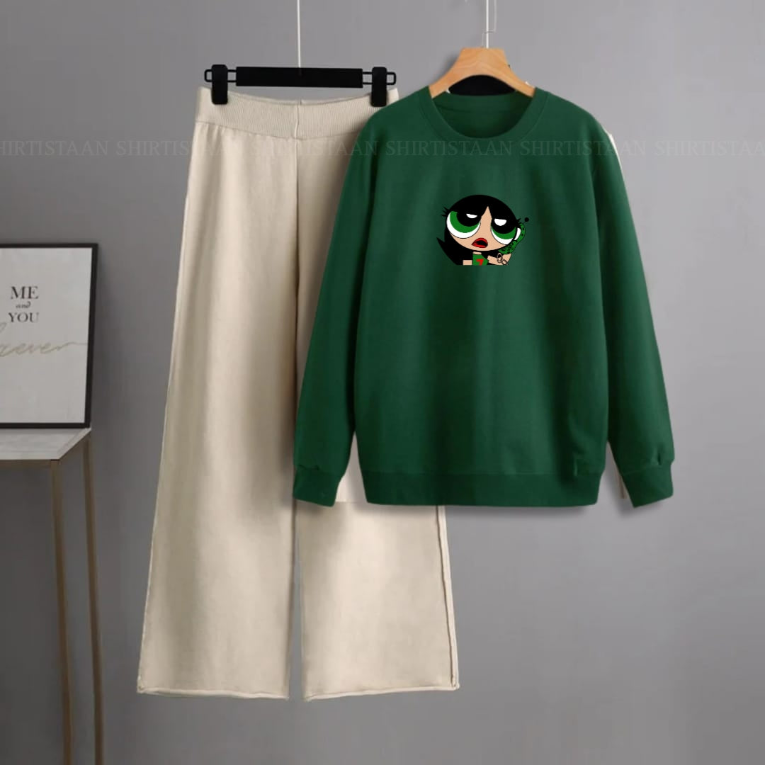 BOTTLE GREEN SWEATSHIRT GREEN POWERPUFF WITH BEIGE FLAPPER