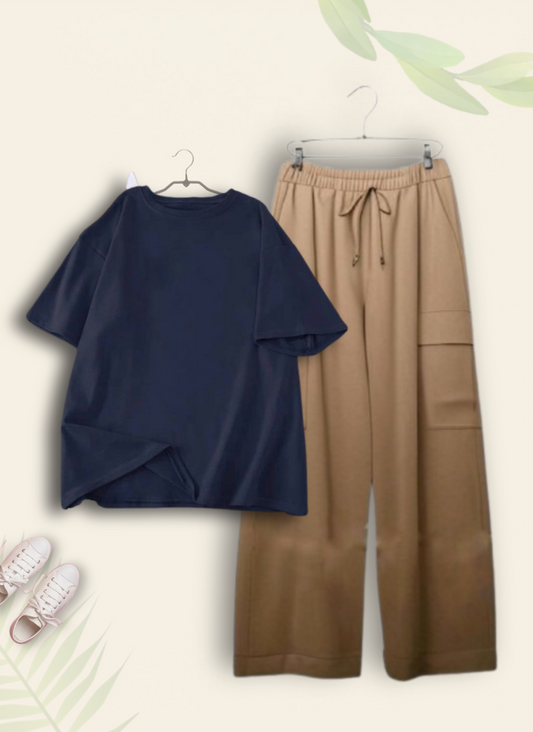 NAVY BLUE TSHIRT WITH BEIGE CARGO TROUSER