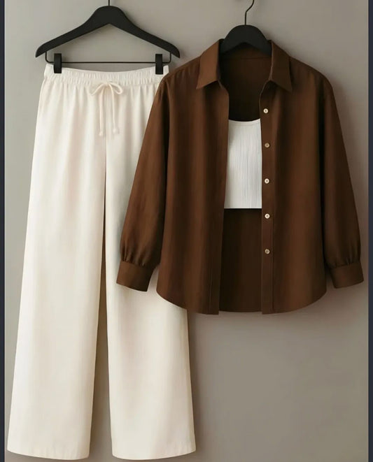 Brown Button Down Shirt with White Tanktop and Beige Flapper