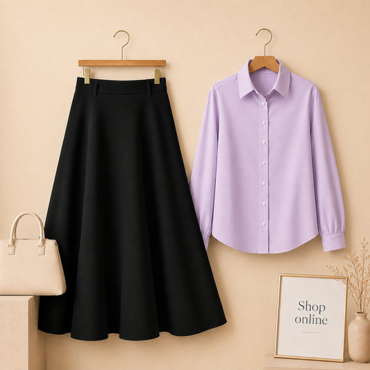 Lilac Button Down Shirt with Black Cotton Twill Skirt