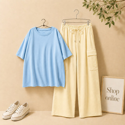 Sky Blue Drop Shoulder Tee with Beige Cargo Trouser