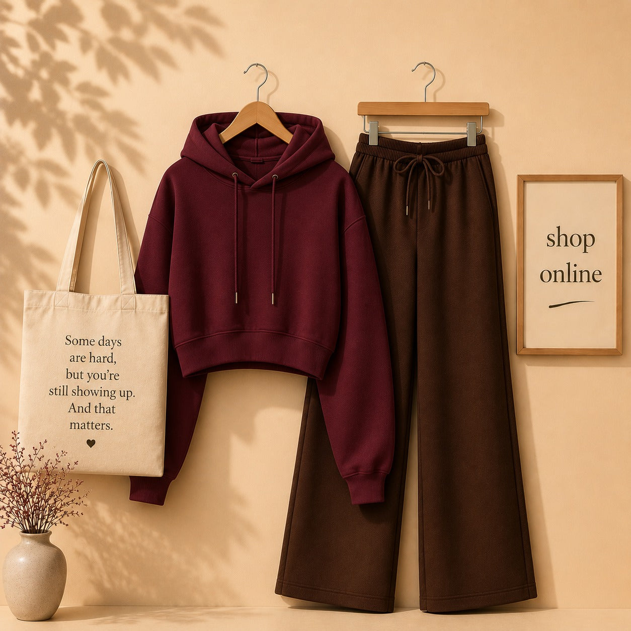 Basic Maroon Crop Hoodie with Brown Flapper