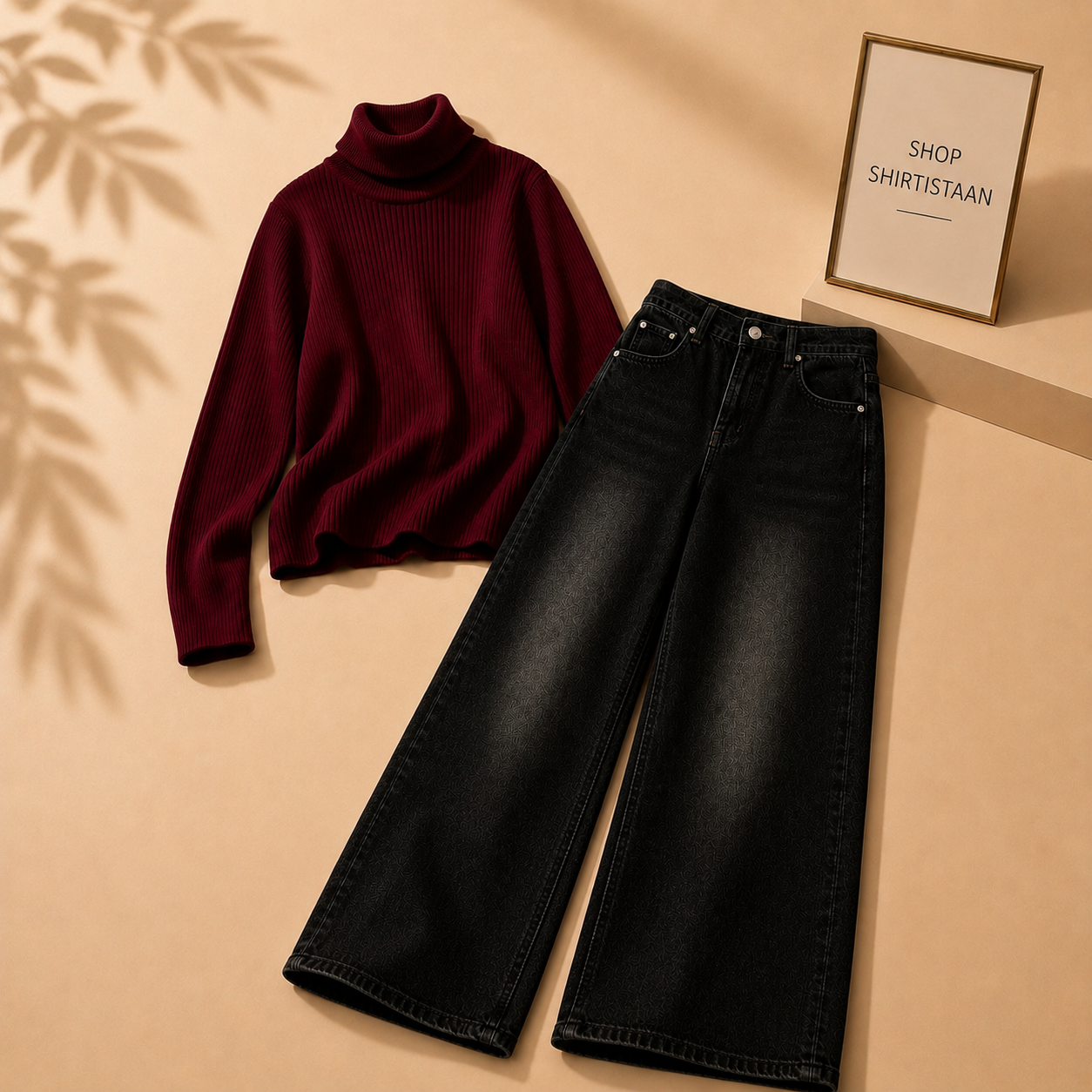 Maroon Ribknit High Neck with Malaysia Black Wide Leg Jeans