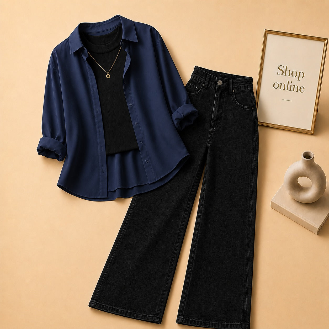 Navy Blue Button Down Shirt with Black Tank top and Black Wide Leg Jeans