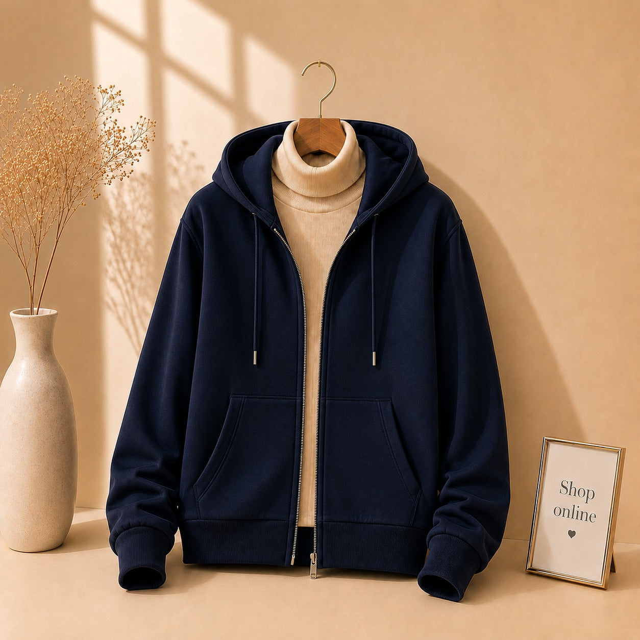 Basic Navy Blue Zipper with Beige Ribknit Highneck