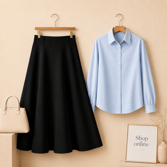 Sky Blue Button Down Shirt with Black Cotton Twill Skirt