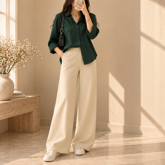 BOTTLE GREEN BUTTON DOWN SHIRT WITH BEIGE FLAPPER