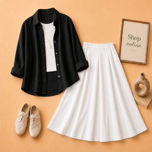 Black Button Down Shirt with White Tanktop & White Twill Skirt