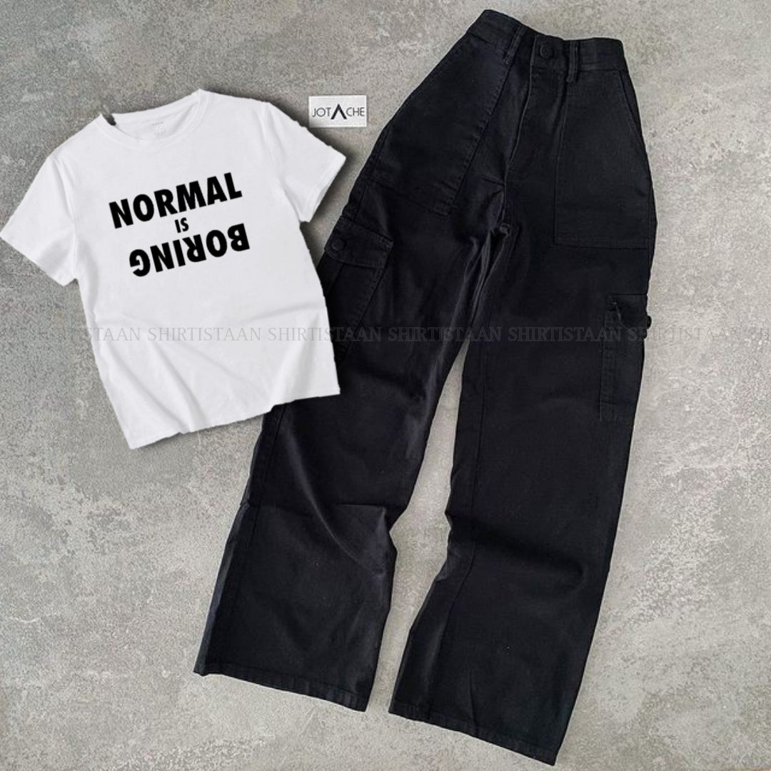 WHITE TEE NORMAL IS BORING WITH BLACK CARGO JEANS