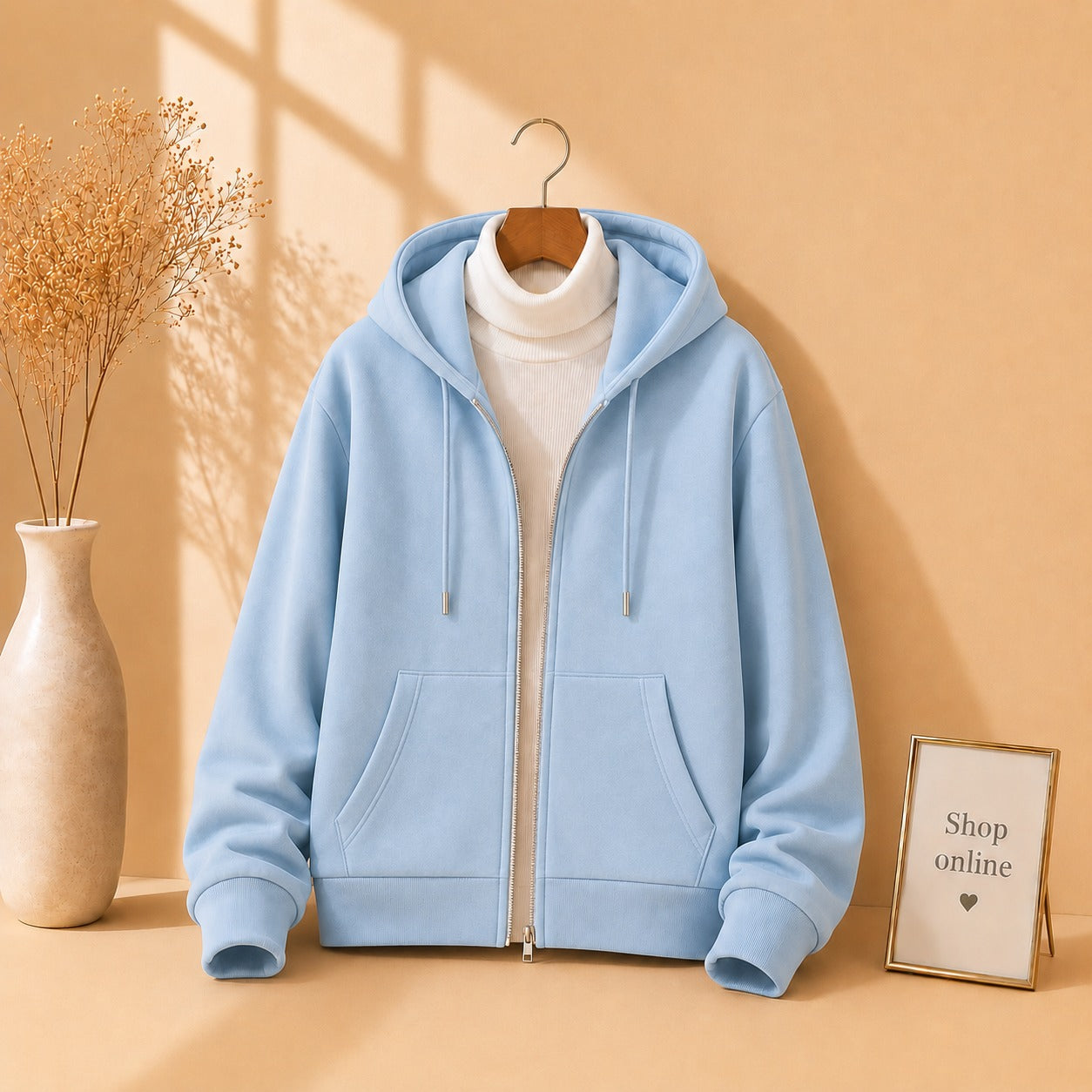 Basic Sky Blue Zipper with White Ribknit Highneck