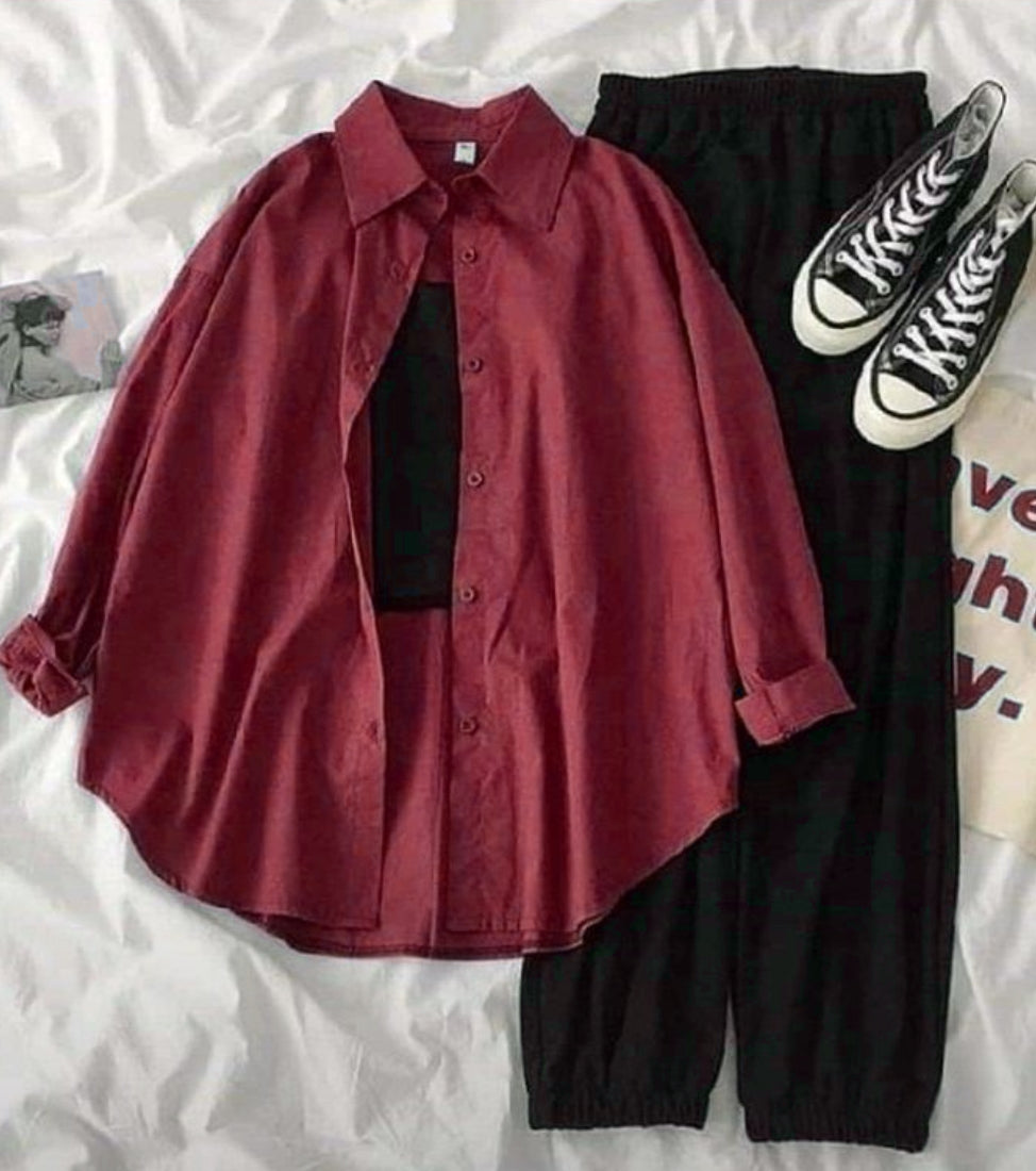 MAROON BUTTON DOWN SHIRT WITH BLACK INNER TEE