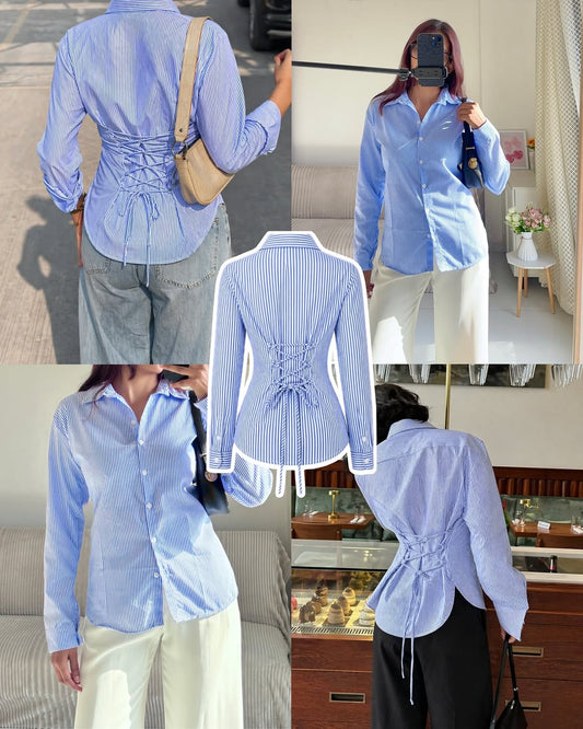 Blue n White Corset Lace-Up Back Stripe Shirt