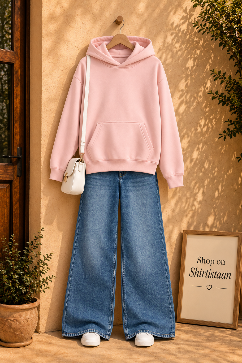 Blush Hoodie with Dark Blue Wide Leg Jeans