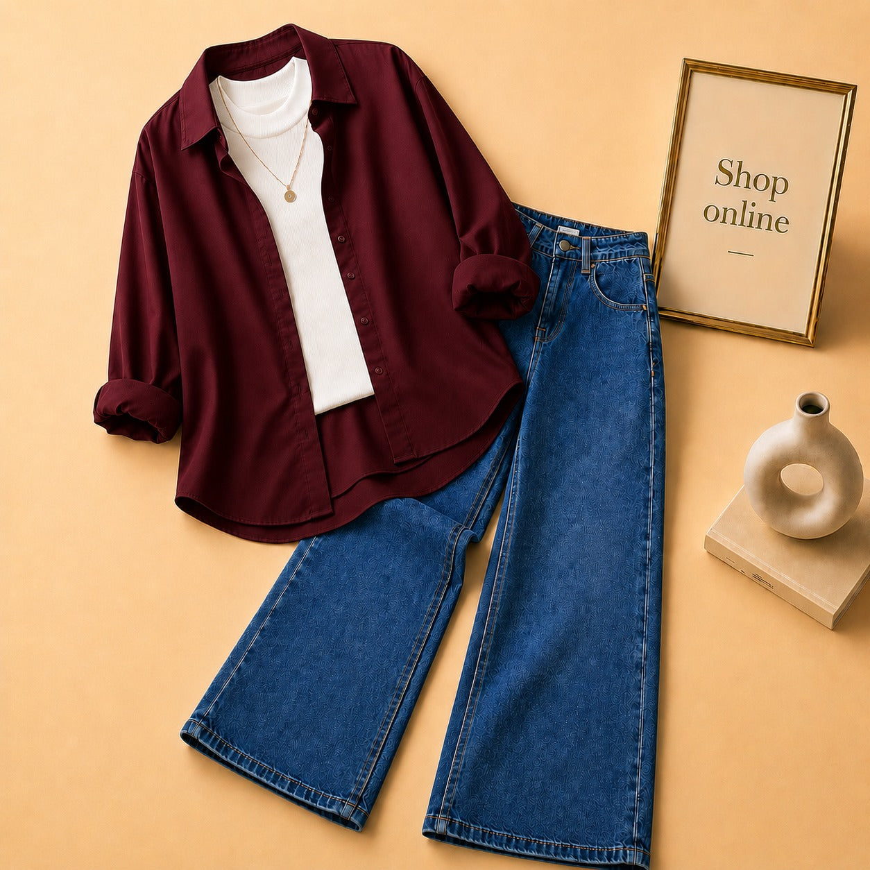 Maroon Button Down Shirt with White Tank top and Mid Dark Blue Wide Leg Jeans