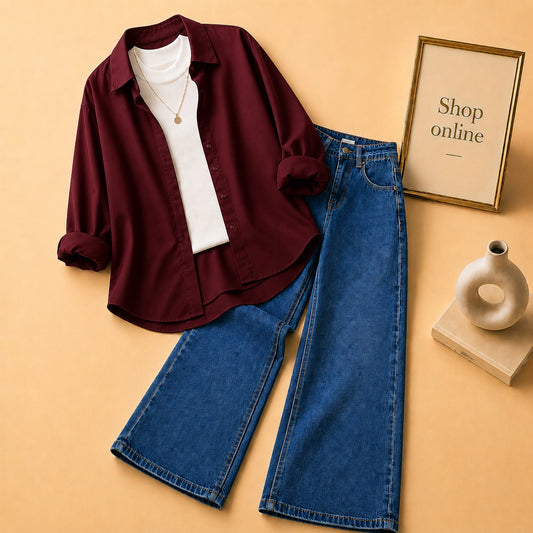 Maroon Button Down Shirt with White Tank top and Mid Dark Blue Wide Leg Jeans