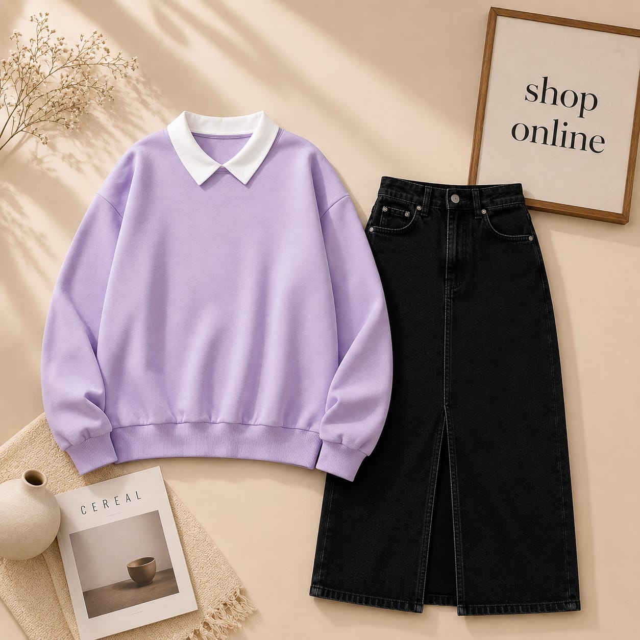 Lilac Collar Sweatshirt with Black Denim Skirt