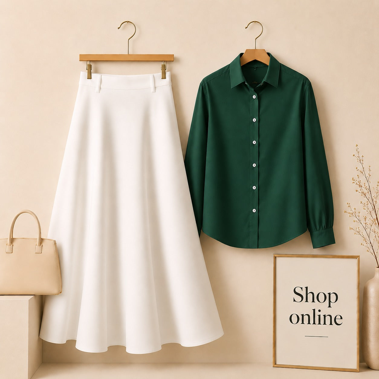 Bottle Green Button Down Shirt with White Cotton Twill Skirt