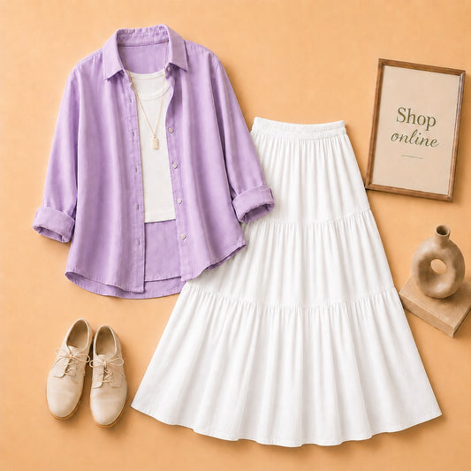 Lilac Button Down Shirt with White Tanktop & 3 Tire White Skirt