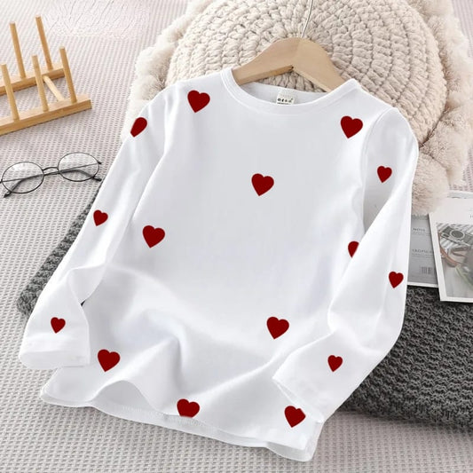 WHITE FULL SLEEVE TEE RED HEARTS ALL OVER