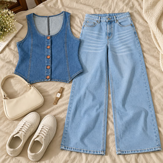 Mid Blue Denim Vest With Ice Blue Wide Leg Jeans
