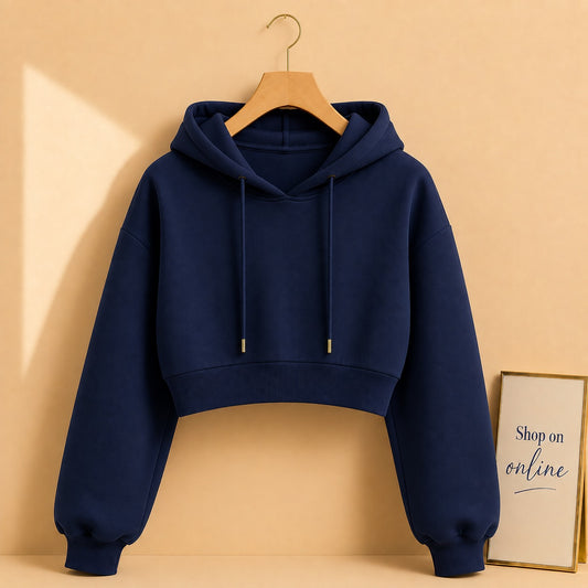 Basic Navy Blue Crop Hoodie