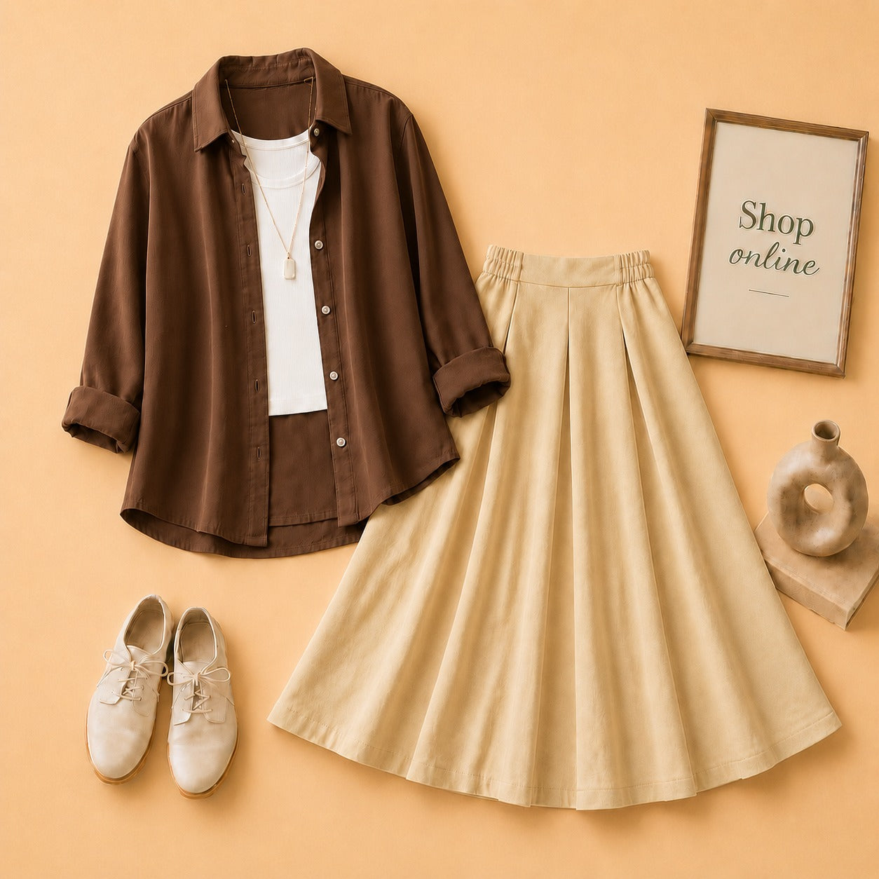 Brown Button Down Shirt with White Tanktop & Beige Twill Skirt