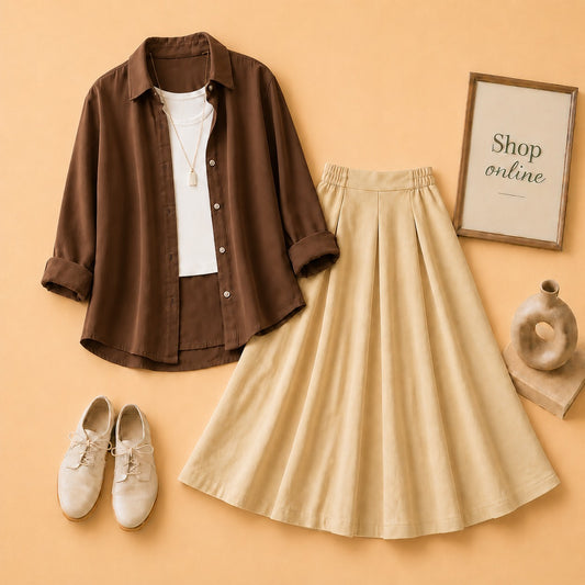 Brown Button Down Shirt with White Tanktop & Beige Twill Skirt