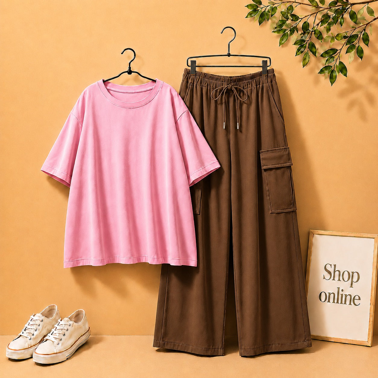 Pink Drop Shoulder Tee with Brown Cargo Trouser