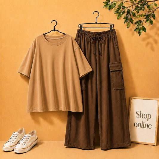 Light Brown Drop Shoulder Tee with Brown Cargo Trouser