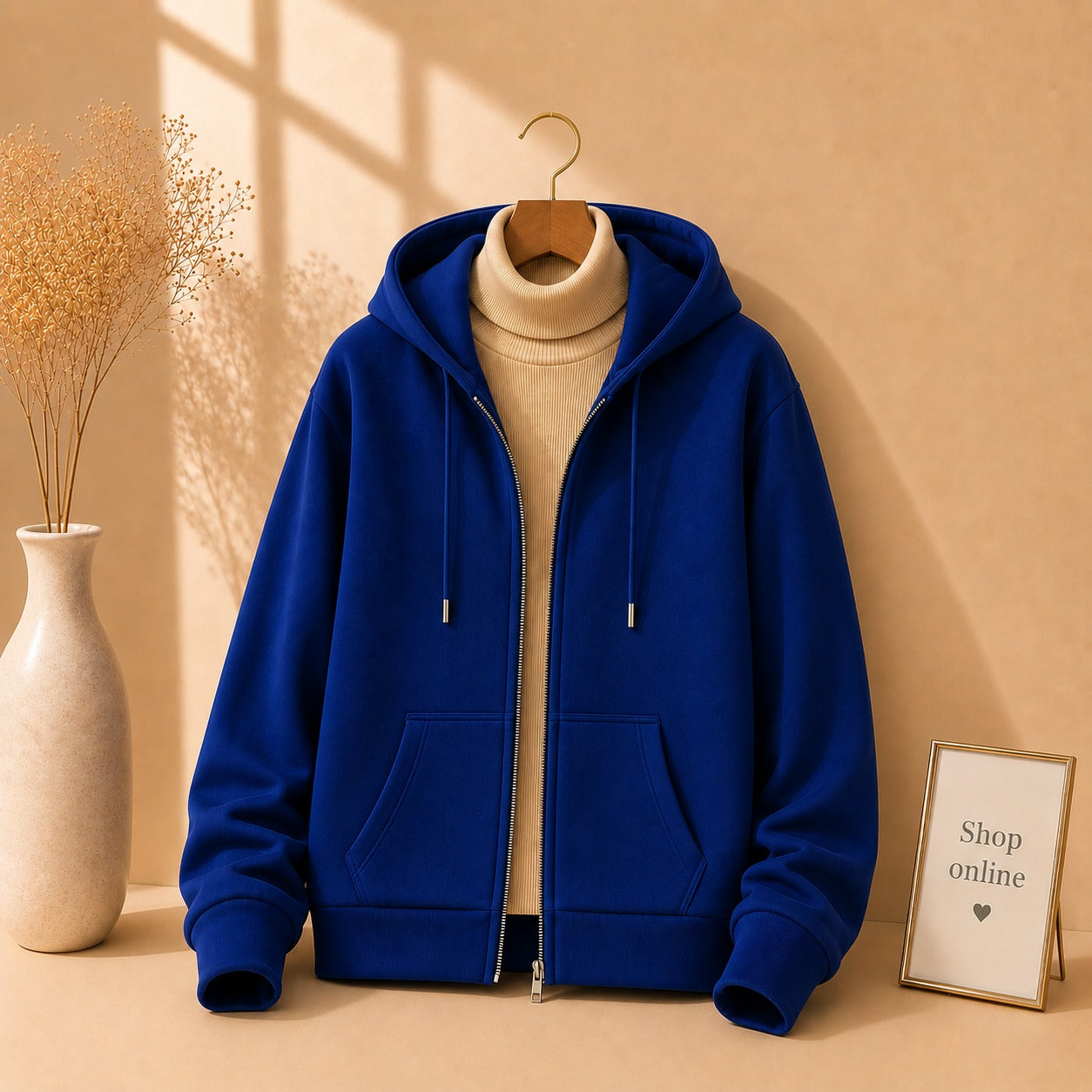 Basic Royal Blue Zipper with Beige Ribknit Highneck