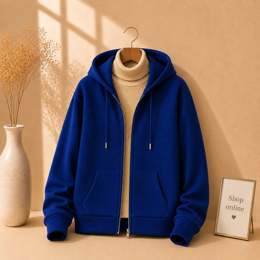 Basic Royal Blue Zipper with Beige Ribknit Highneck