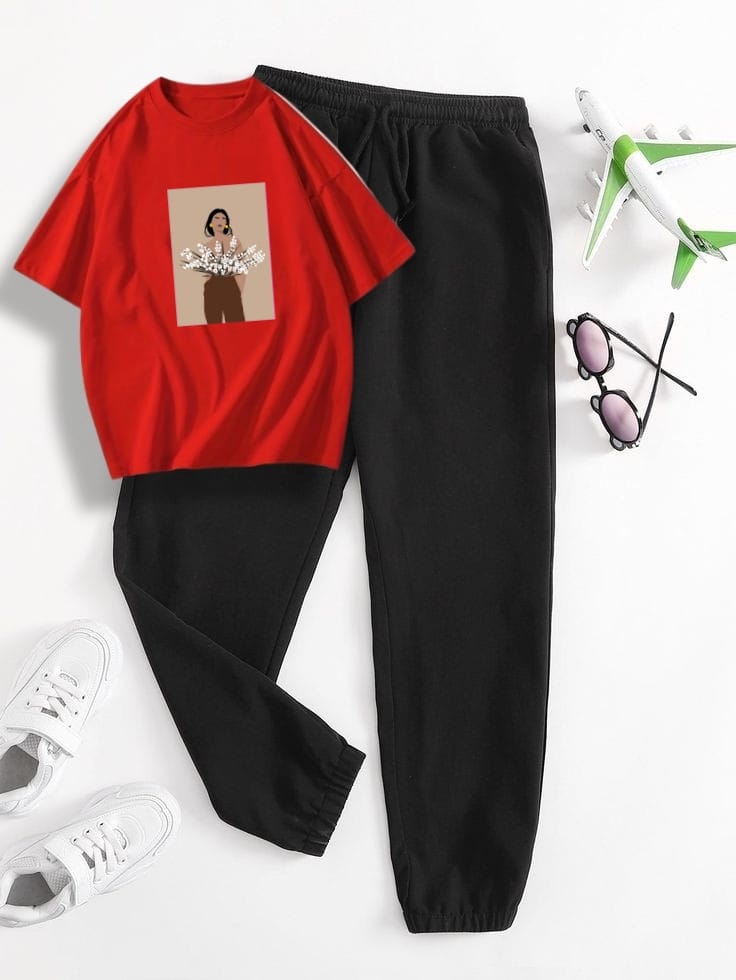 FLOWER GIRL RED TEE WITH BLACK TROUSER