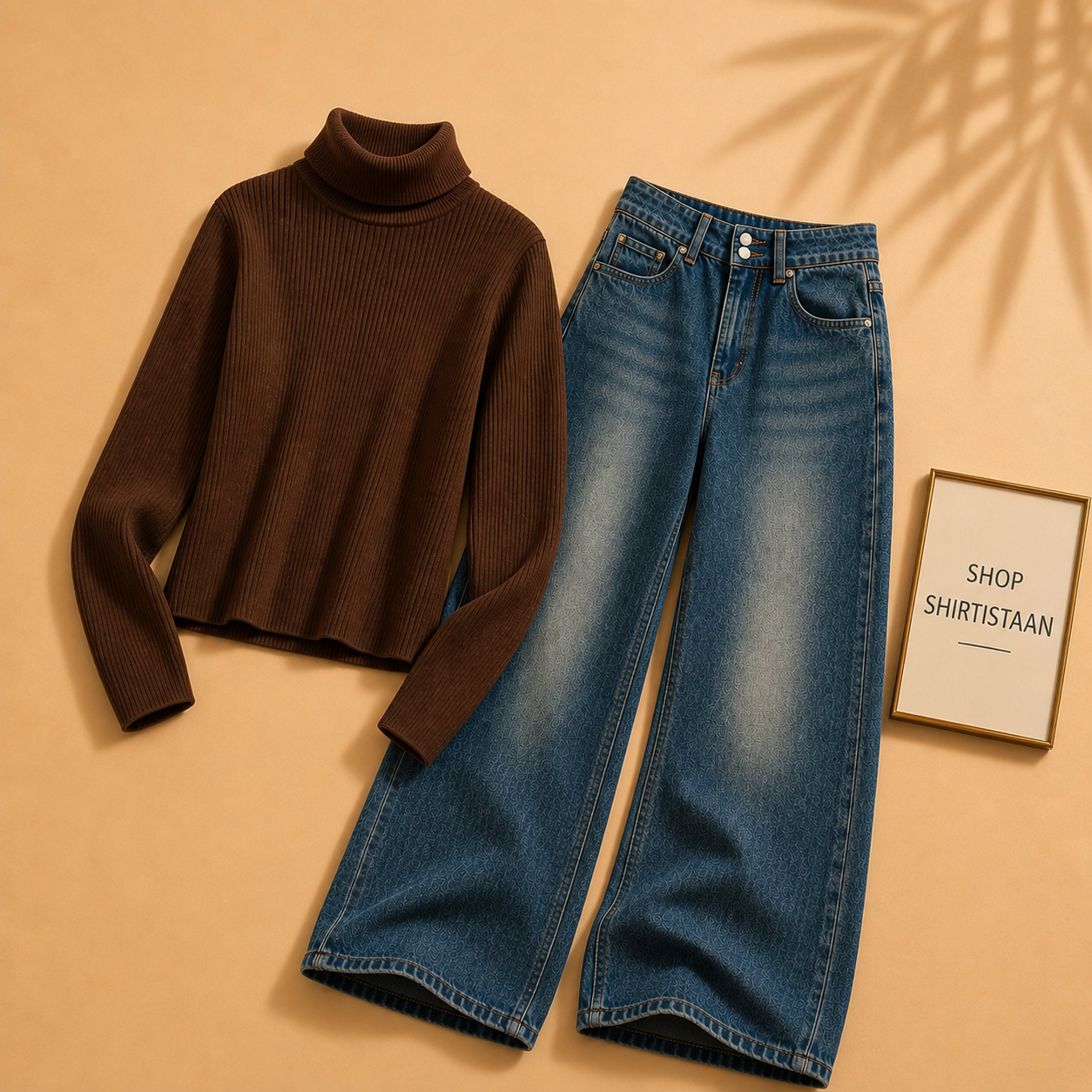 Brown Ribknit High Neck with Darkish Blue  Wide Leg Jeans