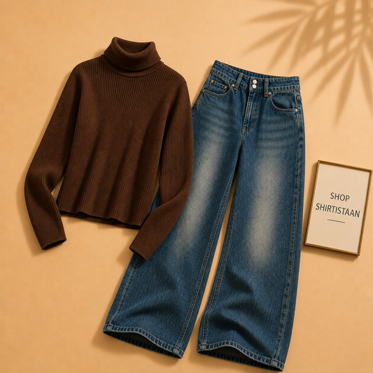 Brown Ribknit High Neck with Darkish Blue  Wide Leg Jeans