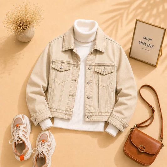 Beige Denim Jacket With White Ribknit Highneck